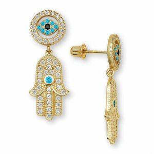 Real 14K Solid Yellow Gold Evil Eye Hamsa Hand Screw Back Dangle Earrings
